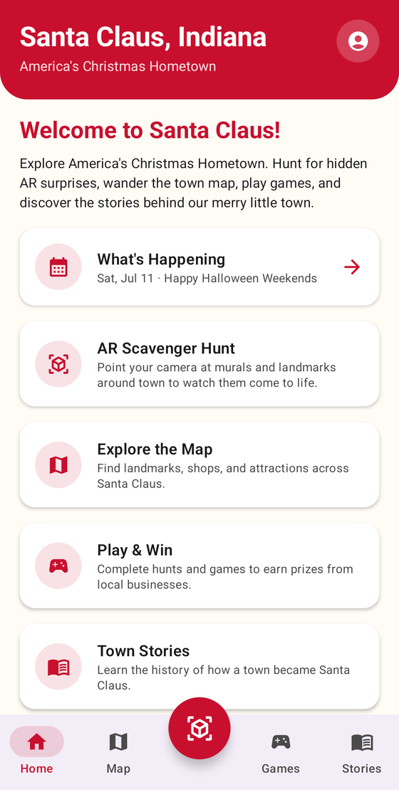 TownAR app home screen for Santa Claus, Indiana — What's Happening, AR Scavenger Hunt, Explore the Map, Play & Win, and Town Stories